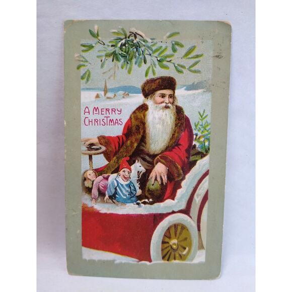 Santa Claus Brown Hat Christmas Postcard Driving Auto Jester Toy Vintage Germany - Picture 2 of 7